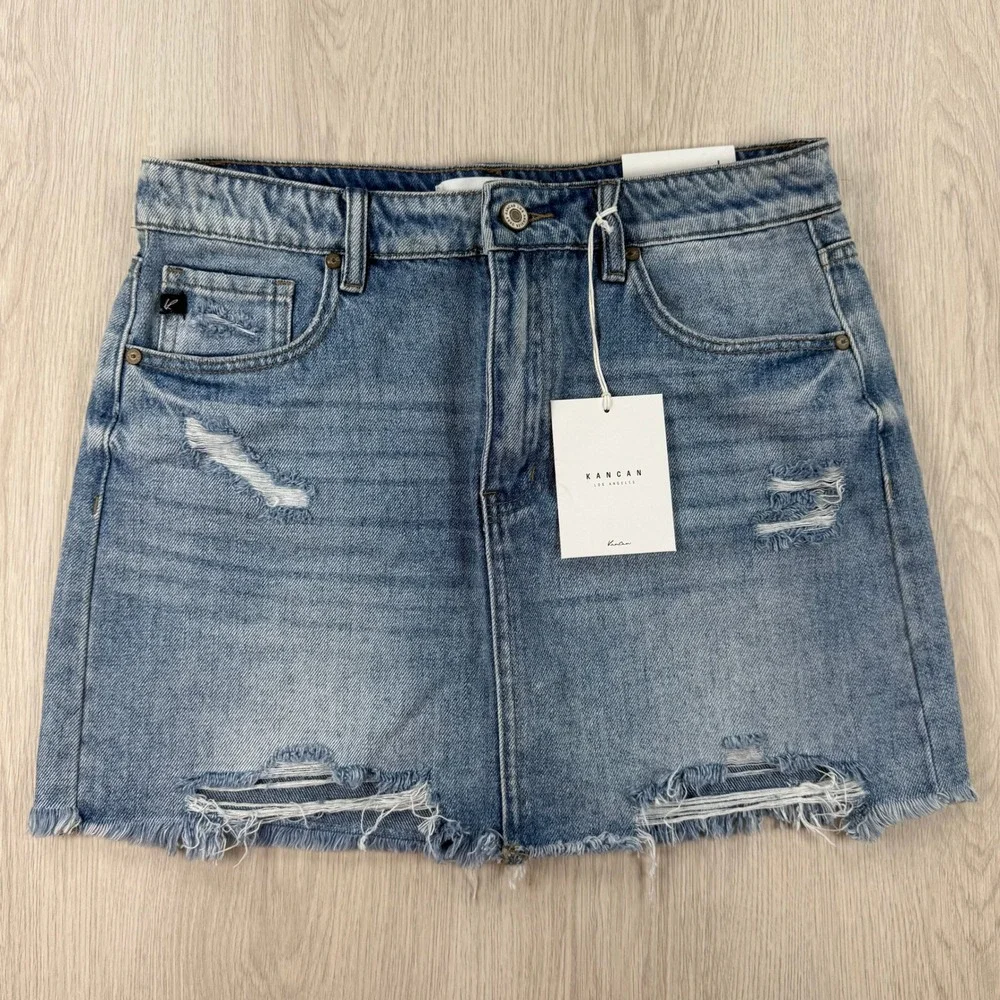 Denim Mini Skirt KanCan Womens Large Blue Distressed Frayed Hem KC6370M